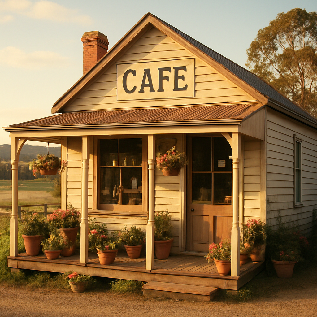 Charming exterior of the Bruthen Heritage Tearooms building with a welcoming veranda and vintage signage
