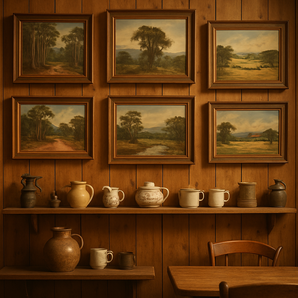 Gallery wall inside the tearoom displaying framed East Gippsland landscape paintings and vintage wares on timber shelves