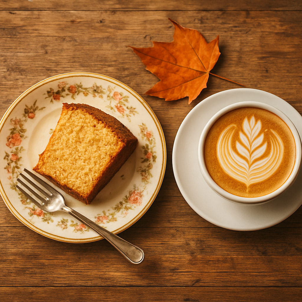 A latte coffee with art and a slice of homemade cake on vintage china in the tearoom