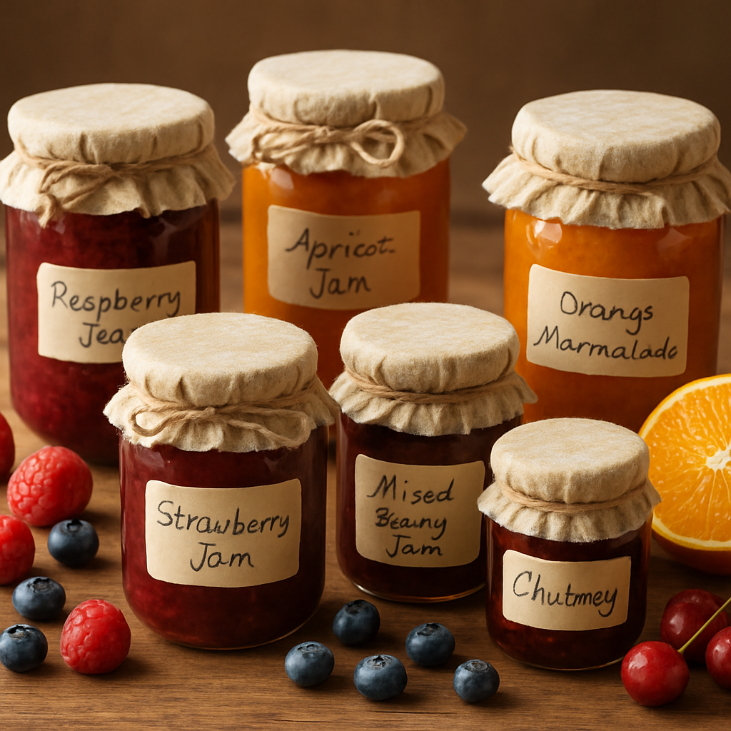 Selection of handmade fruit jams, marmalades and chutneys in glass jars with handwritten labels