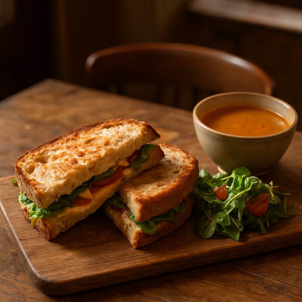 Gourmet toasted sandwich on a wooden board with a bowl of soup and fresh salad