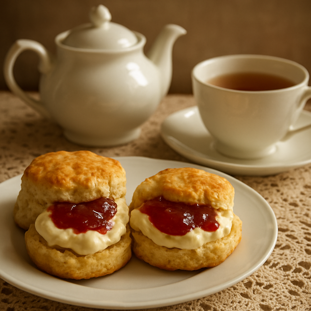 Freshly baked scones with homemade jam and thick cream on a vintage china plate alongside a pot of tea
